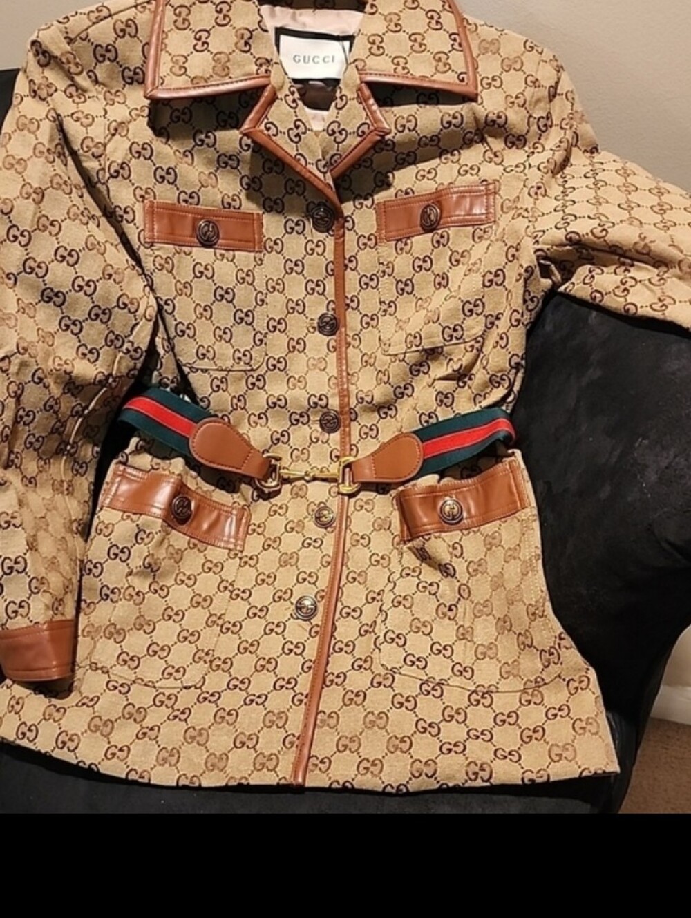 Designer Tan GG Monogram Leather-Trim Belted Blazer - Picture 9 of 10